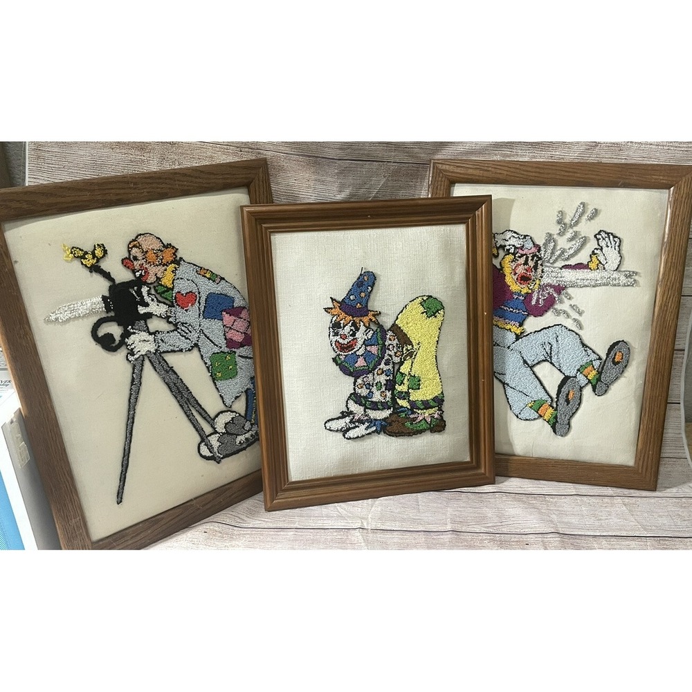 Vintage Lot 3 Framed Clown Wool Punch Needle Fiber Art Latch Hook  18x14 16x13